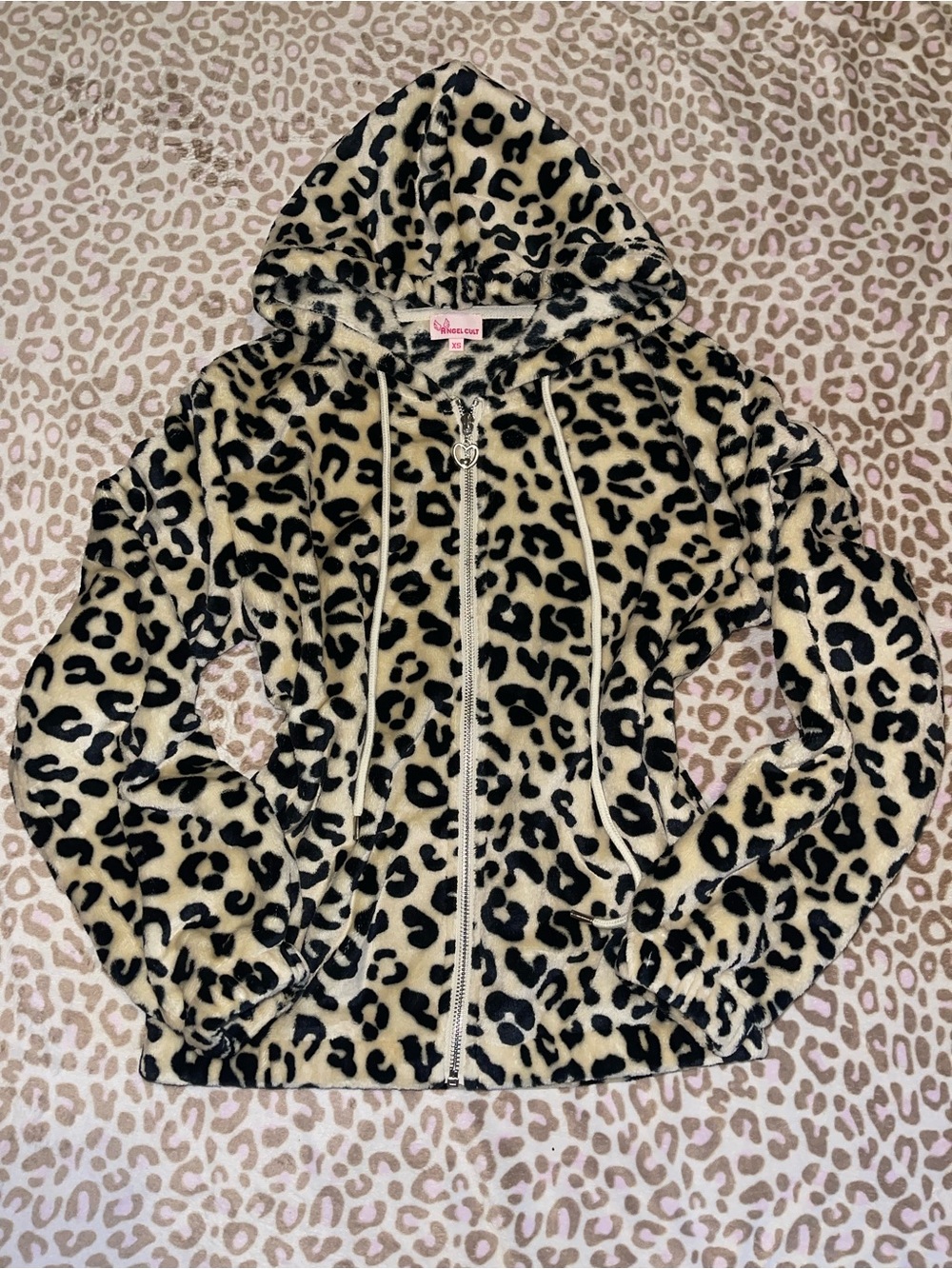 Y2K Angel Cult Leopard Print Fuzzy Zip-Up Hoodie XS